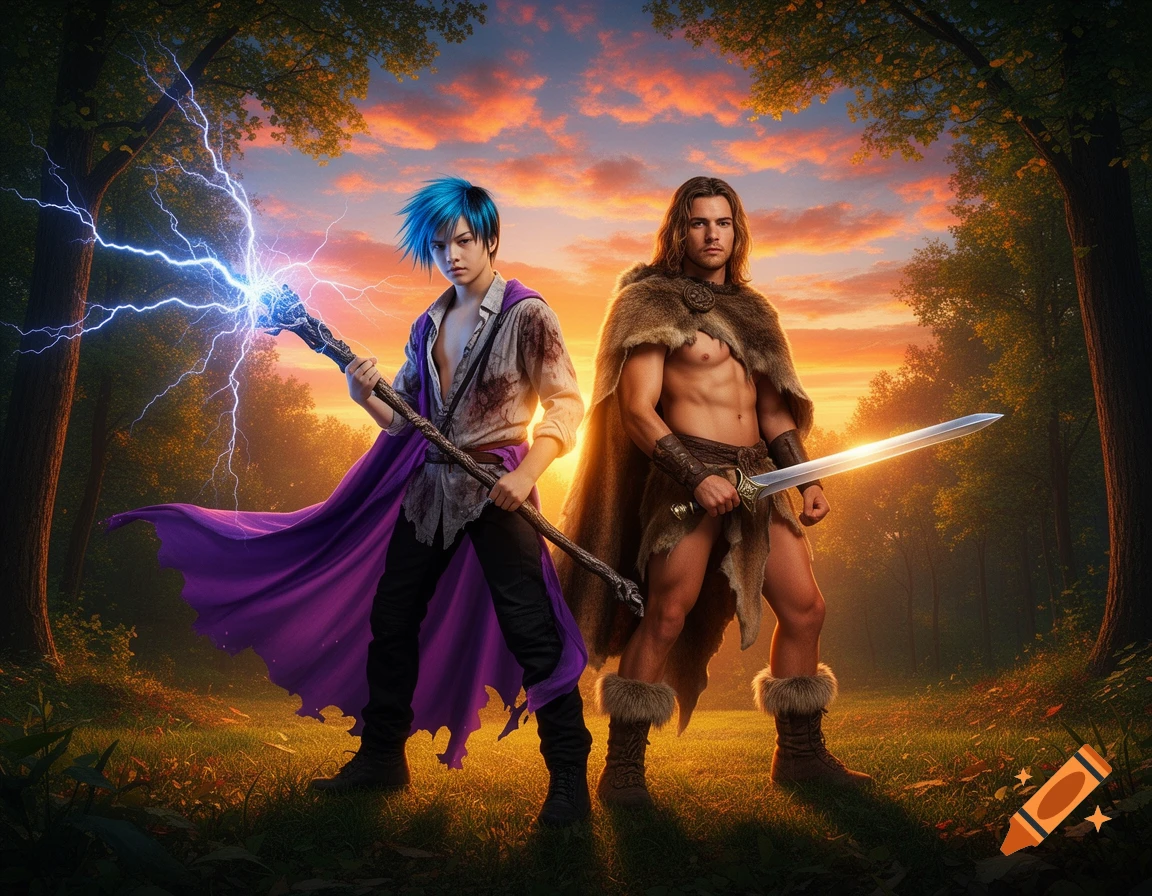 Two young heroes, a blue-haired wizard with a lightning staff and a barbarian warrior with a sword, stand in a forest clearing at sunset.