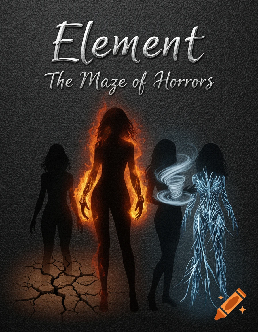 Four elemental women silhouettes on a dark textured background with 'Element The Maze of Horrors' text.