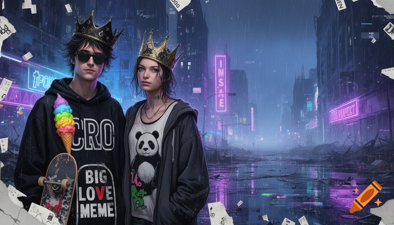 Two crowned, punk-styled individuals in a rainy, neon-lit, destroyed cyberpunk city. The male wears a hoodie with 'CRO BIG LOVE MEME', holding a skateboard and a rainbow ice cream. The female wears a panda tank top.