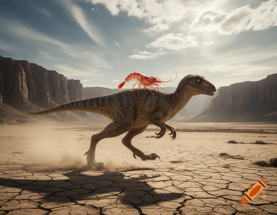 A photorealistic image of a raptor running across a cracked desert floor with a large red shrimp riding on its back, mountains in the background.