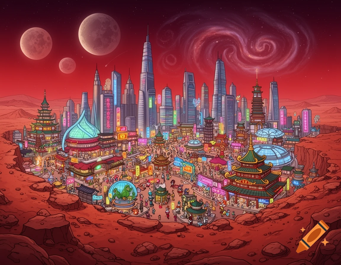 A vibrant 2D animated sci-fi cityscape on Mars with East Asian architecture, neon lights, multiple moons, and a red swirling sky.
