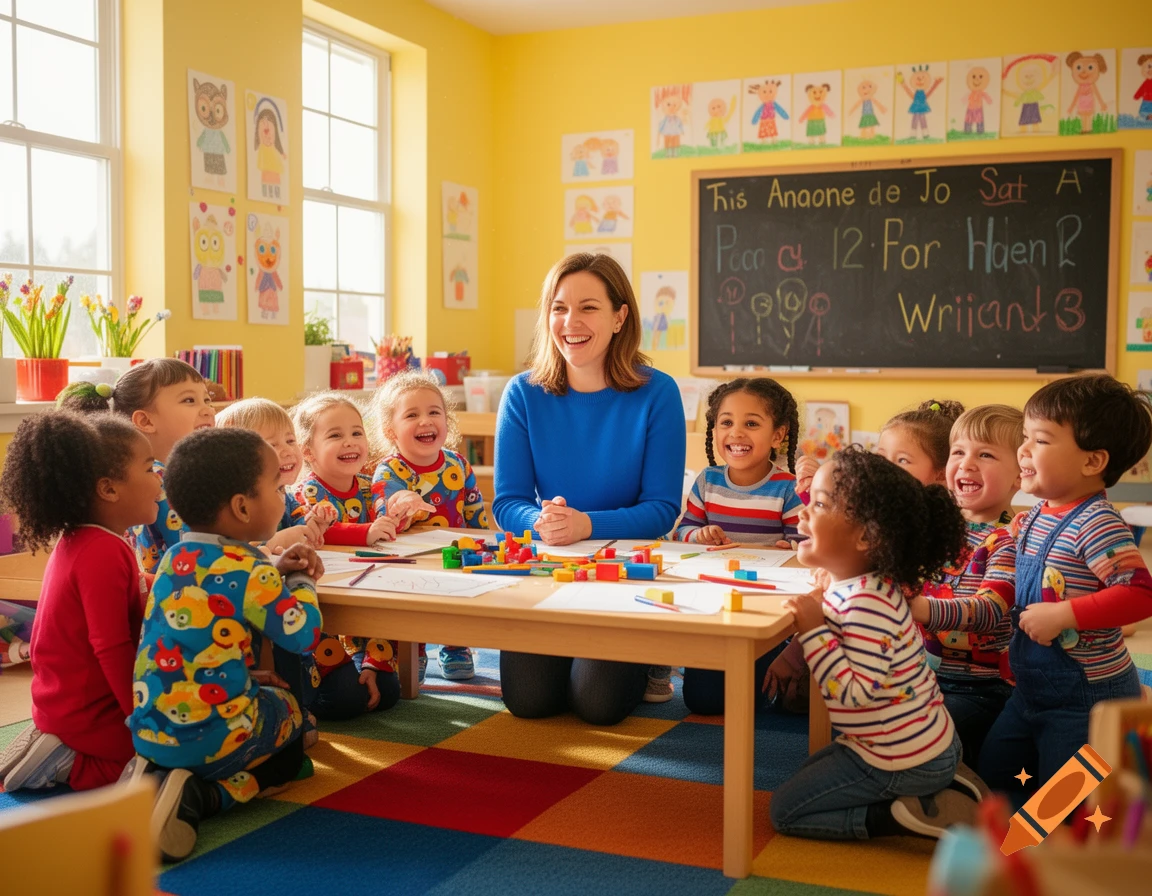 A diverse group of smiling kindergarten children sitting around a table with their teacher in a bright classroom.