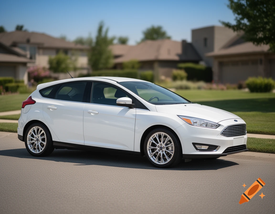 A white Ford Focus hatchback parked on a paved street in a sunny suburban neighborhood. Photorealistic style.