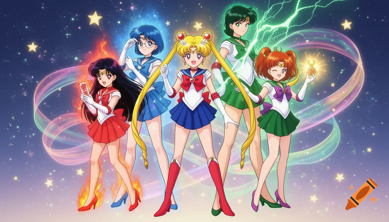 Five Sailor Moon characters, including Sailor Moon, stand in their colorful uniforms against a starry, magical background.