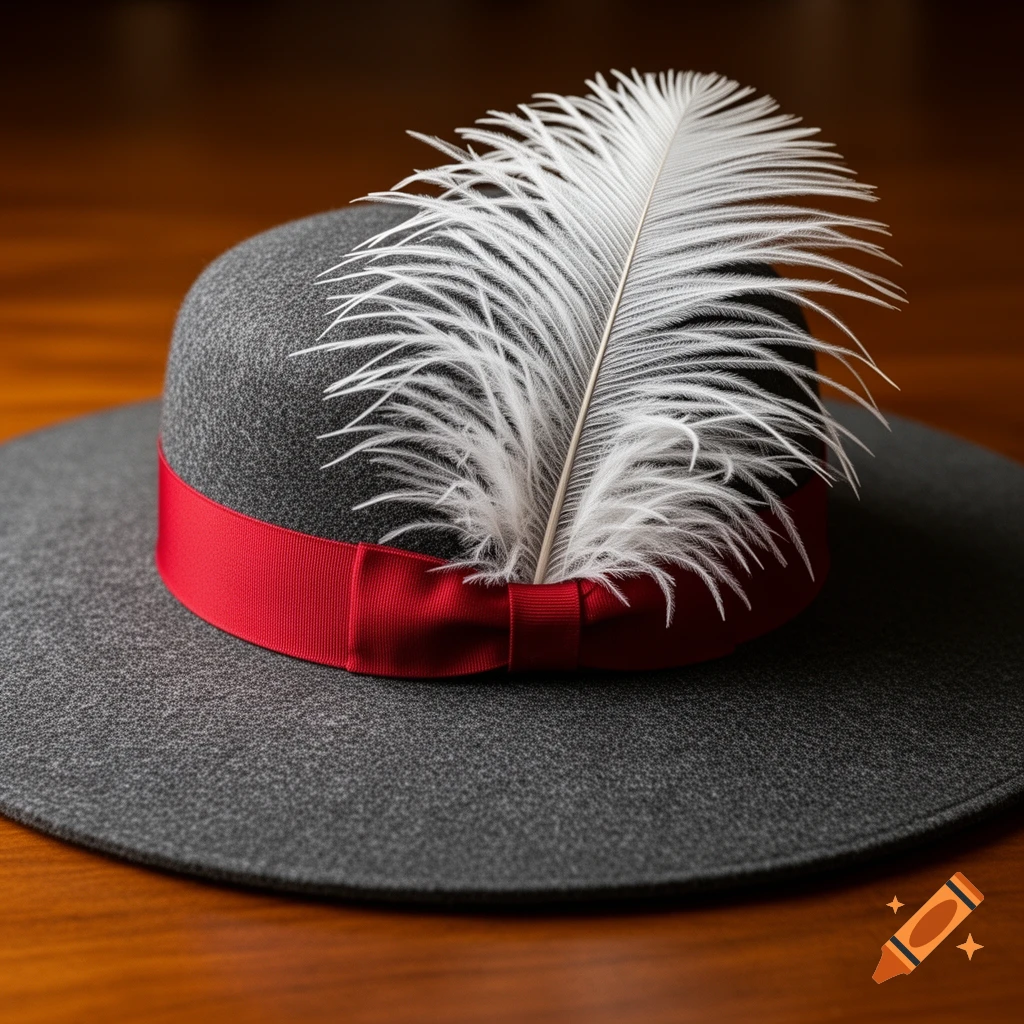 A wide-brimmed charcoal grey hat with a red ribbon band and a large white ostrich feather on a wooden surface.