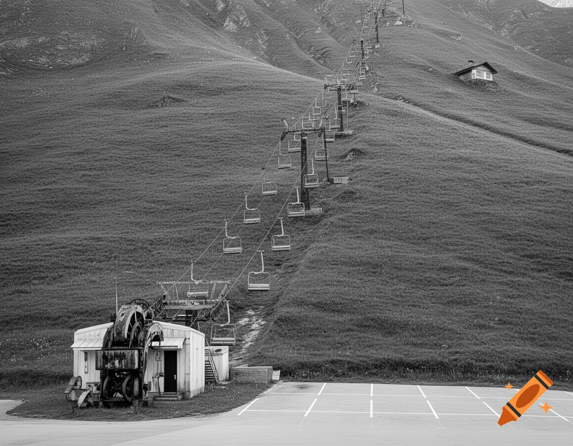 A black and white photorealistic image of an old chairlift ascending a grassy mountain slope. A valley station with vintage machinery stands near a parking lot, and a small hut is visible on the distant hillside.