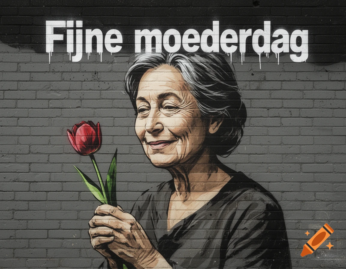 Banksy-style graffiti of a smiling elderly woman holding a red tulip, with 'Fijne moederdag' on a brick wall.