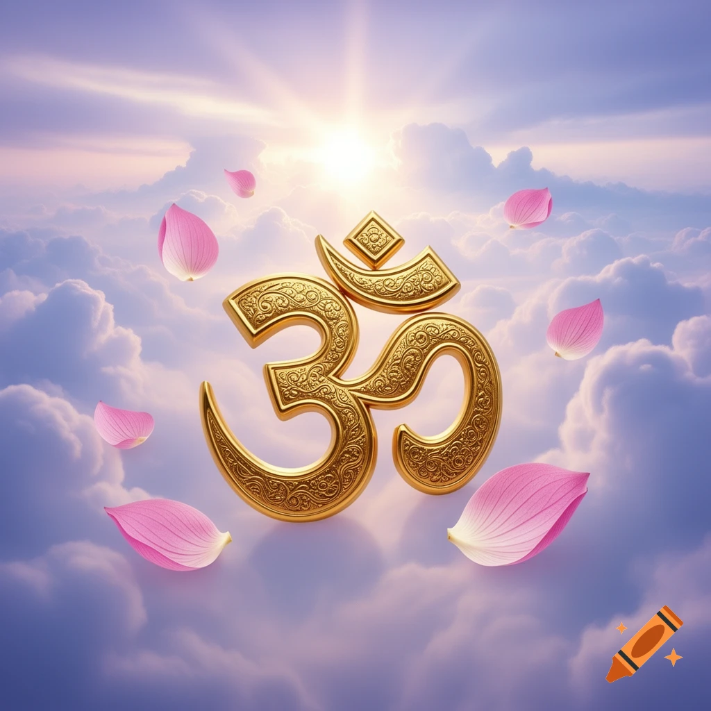 A golden, ornate Om symbol floats among soft, sunlit clouds with scattered pink lotus petals, creating a serene and spiritual scene.