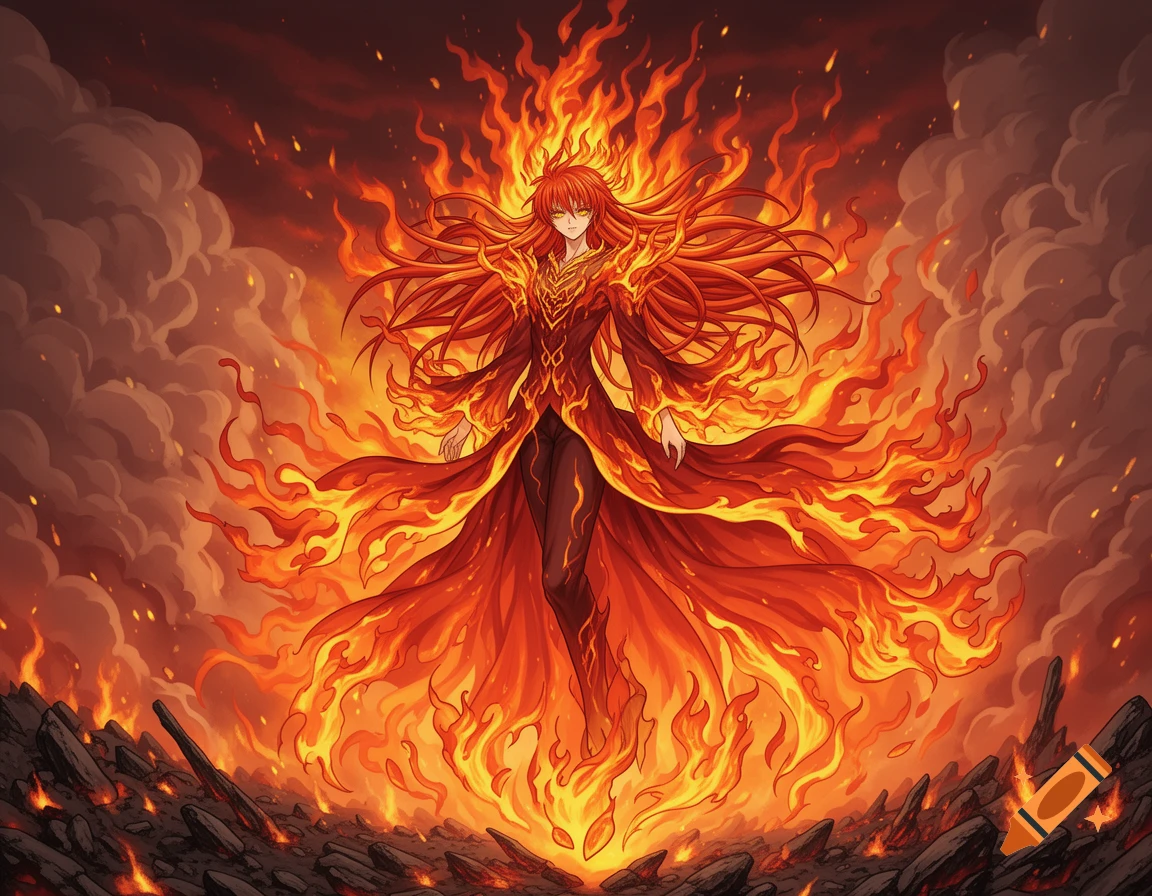 Anime character with long red hair and a flowing robe made of fire, standing in a fiery, smoke-filled landscape.