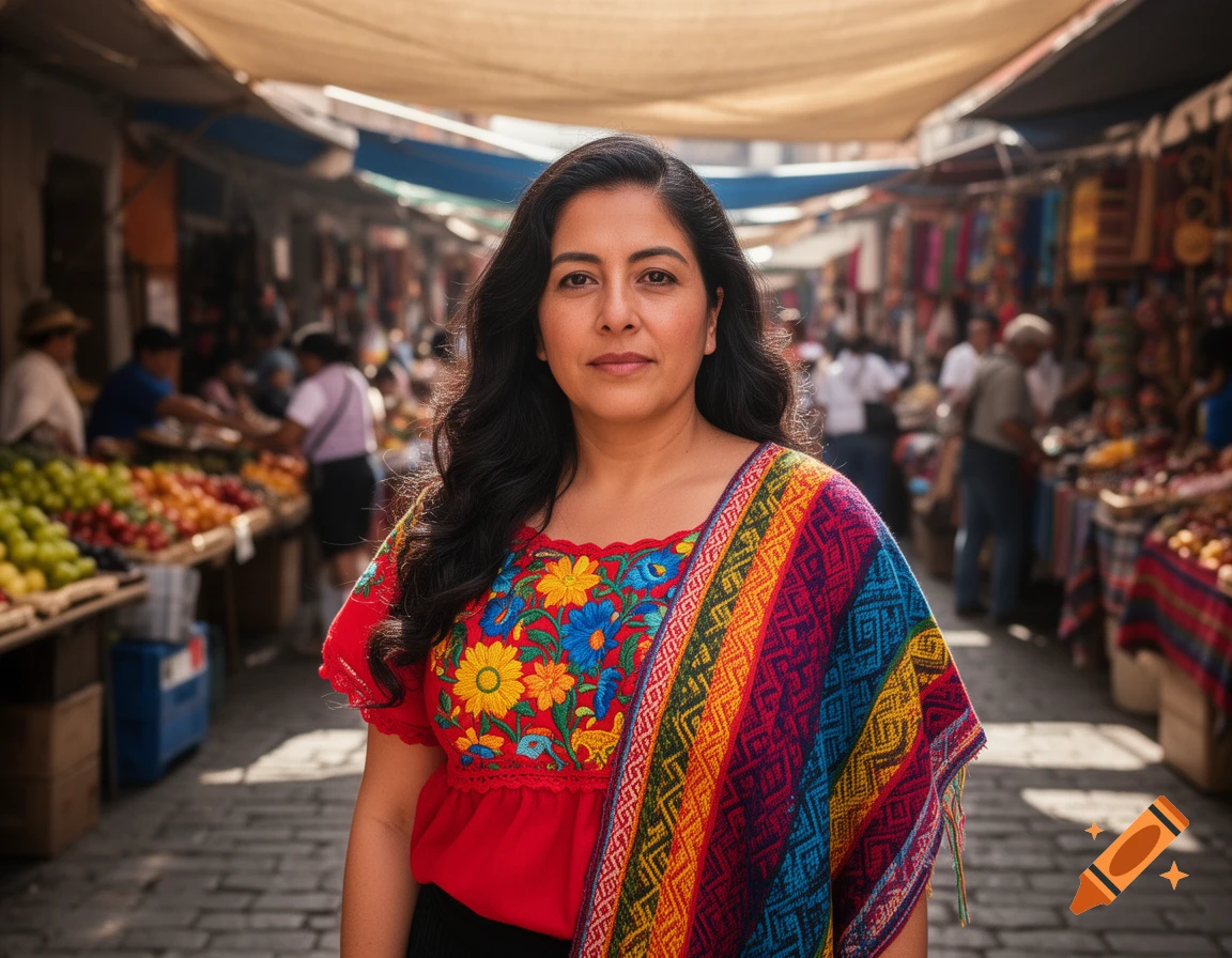 A woman wearing a red embroidered blouse and a colorful striped shawl stands in a bustling outdoor market.