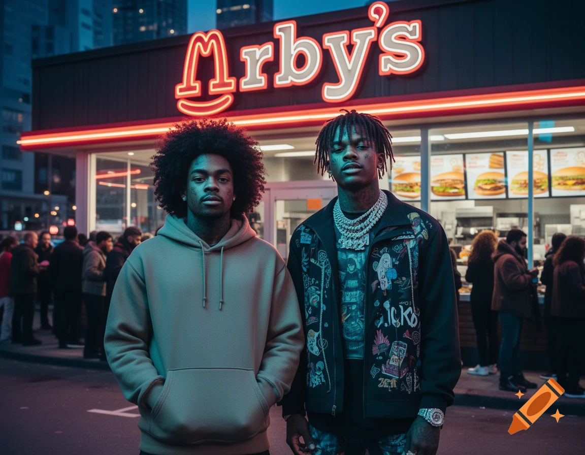 Two young men stand in front of a neon-lit Arby's restaurant at night. One wears a hoodie, the other a patterned jacket and chains.