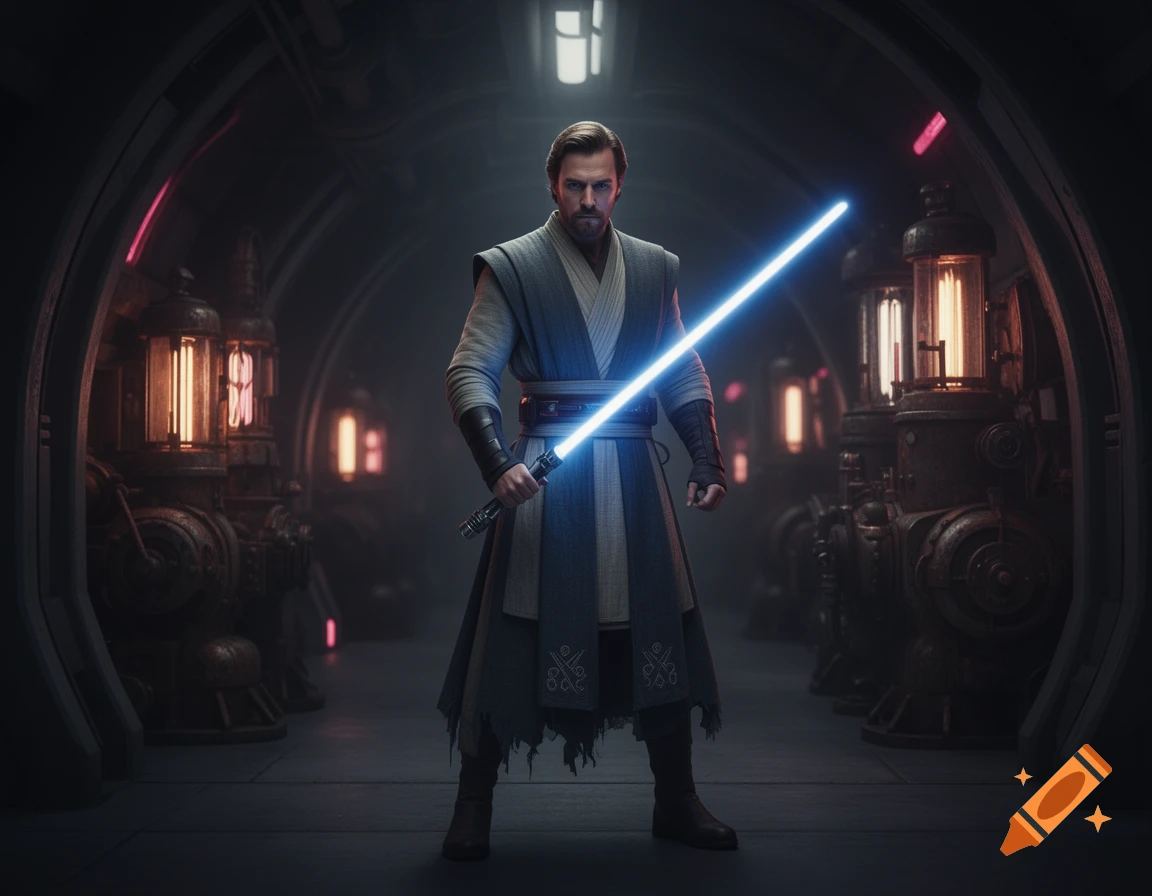 A determined Jedi-like warrior with a blue lightsaber stands in a dark, industrial corridor filled with glowing machines.