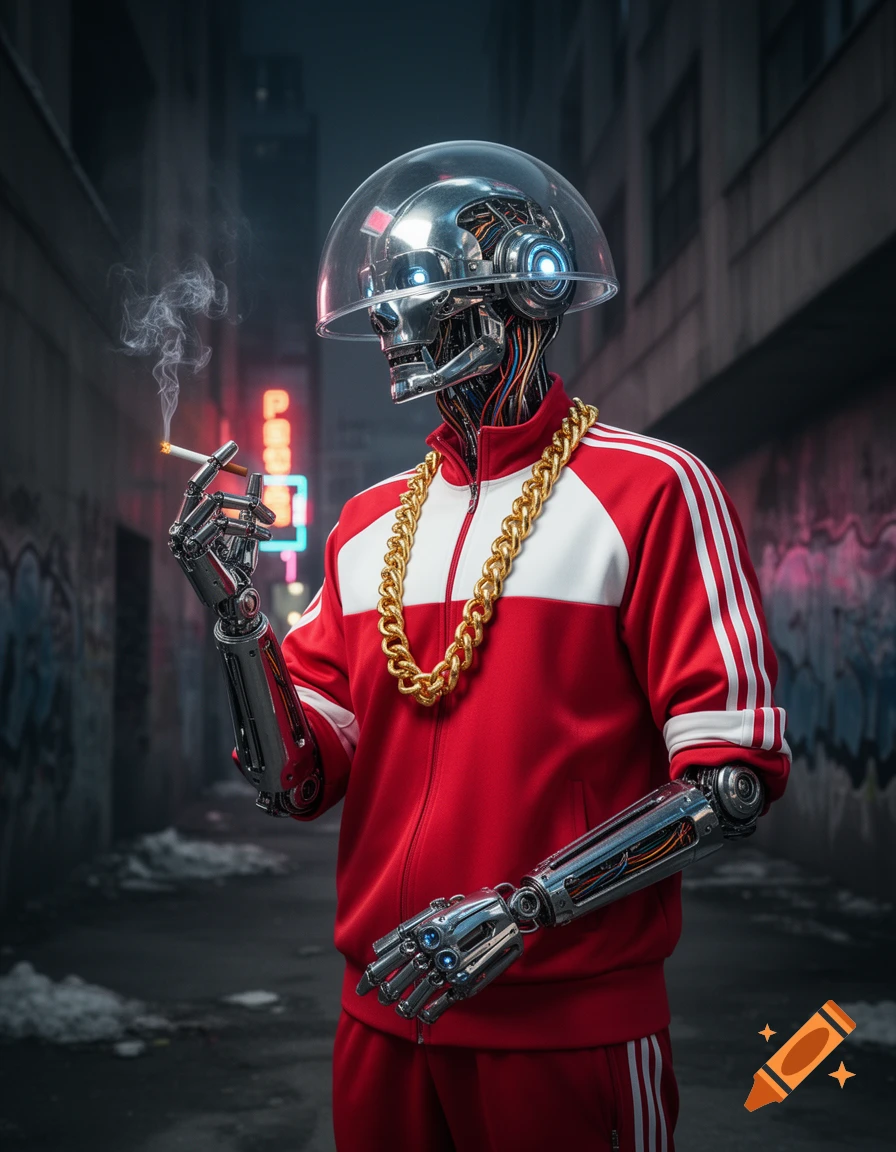 Photorealistic image of a robot with a dome head, wearing a red tracksuit and gold chain, smoking a cigarette in a dark urban alley.