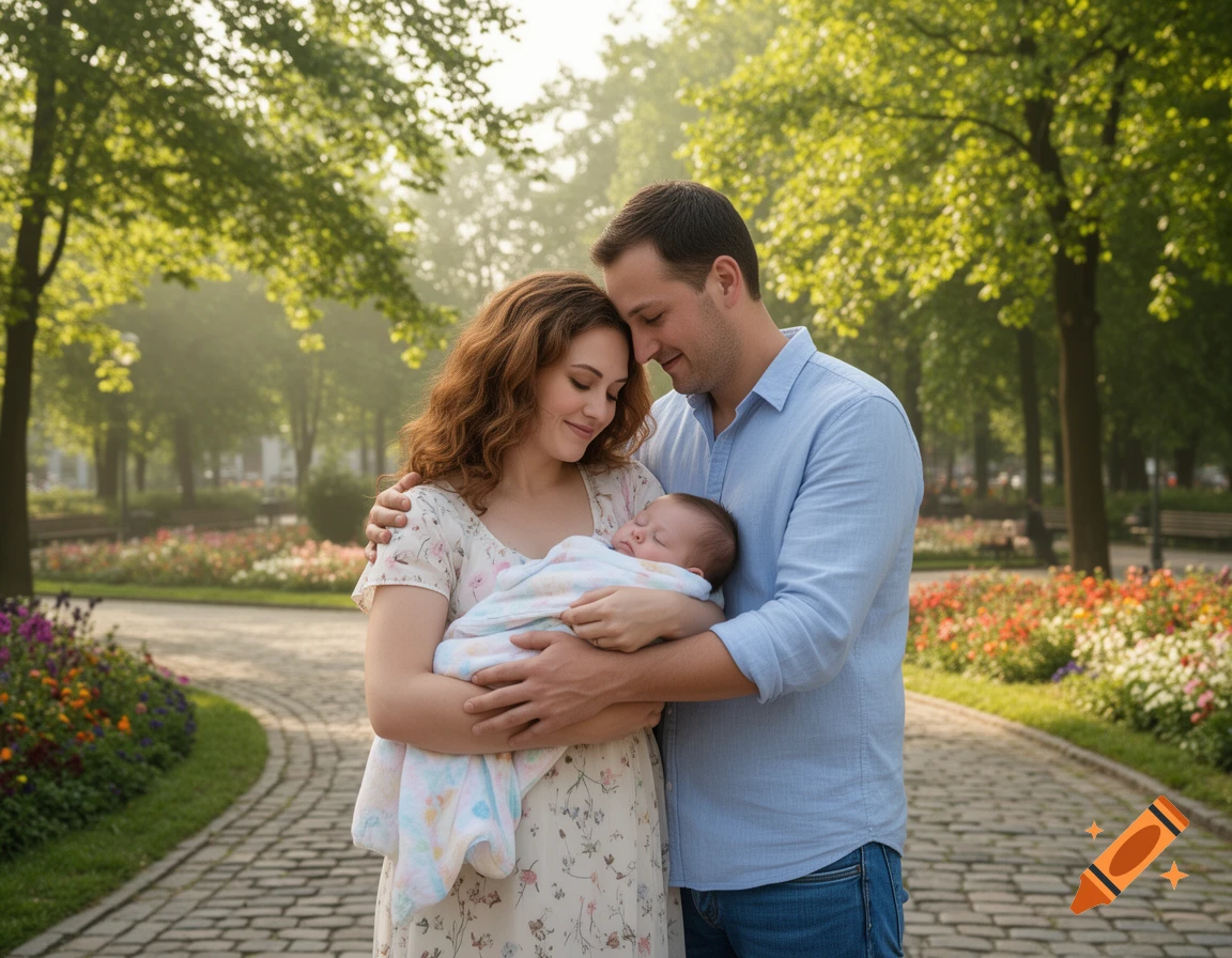 A smiling couple lovingly holds their newborn baby in a sunny park with trees and colorful flowers.