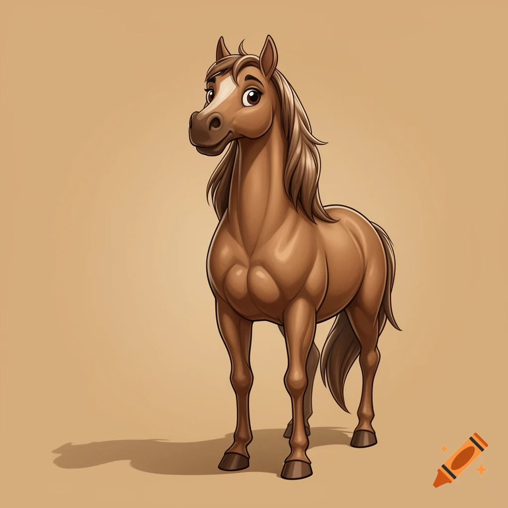 A brown cartoon horse with a white blaze and flowing mane stands against a tan background.