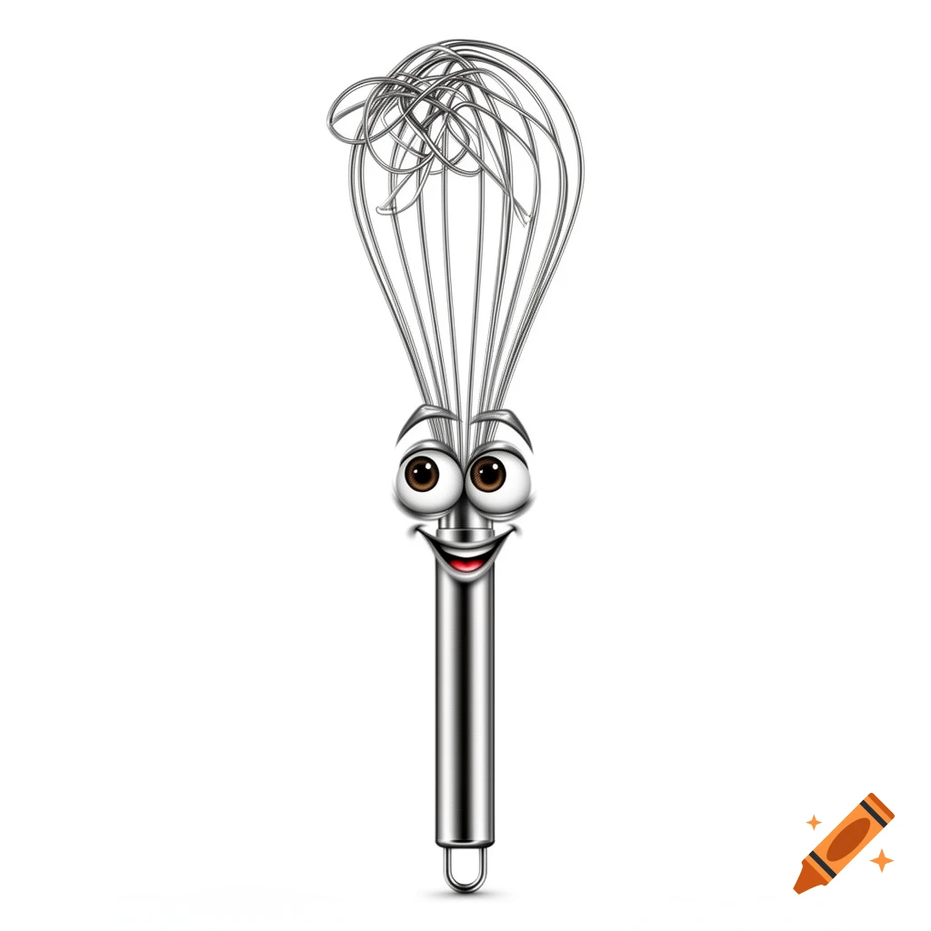 A shiny silver kitchen whisk cartoon with wide eyes and a smiling mouth on a white background.