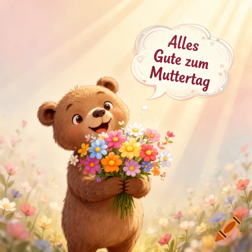 A happy cartoon teddy bear holds a colorful flower bouquet in a sunny field, with a speech bubble saying 'Alles Gute zum Muttertag'.