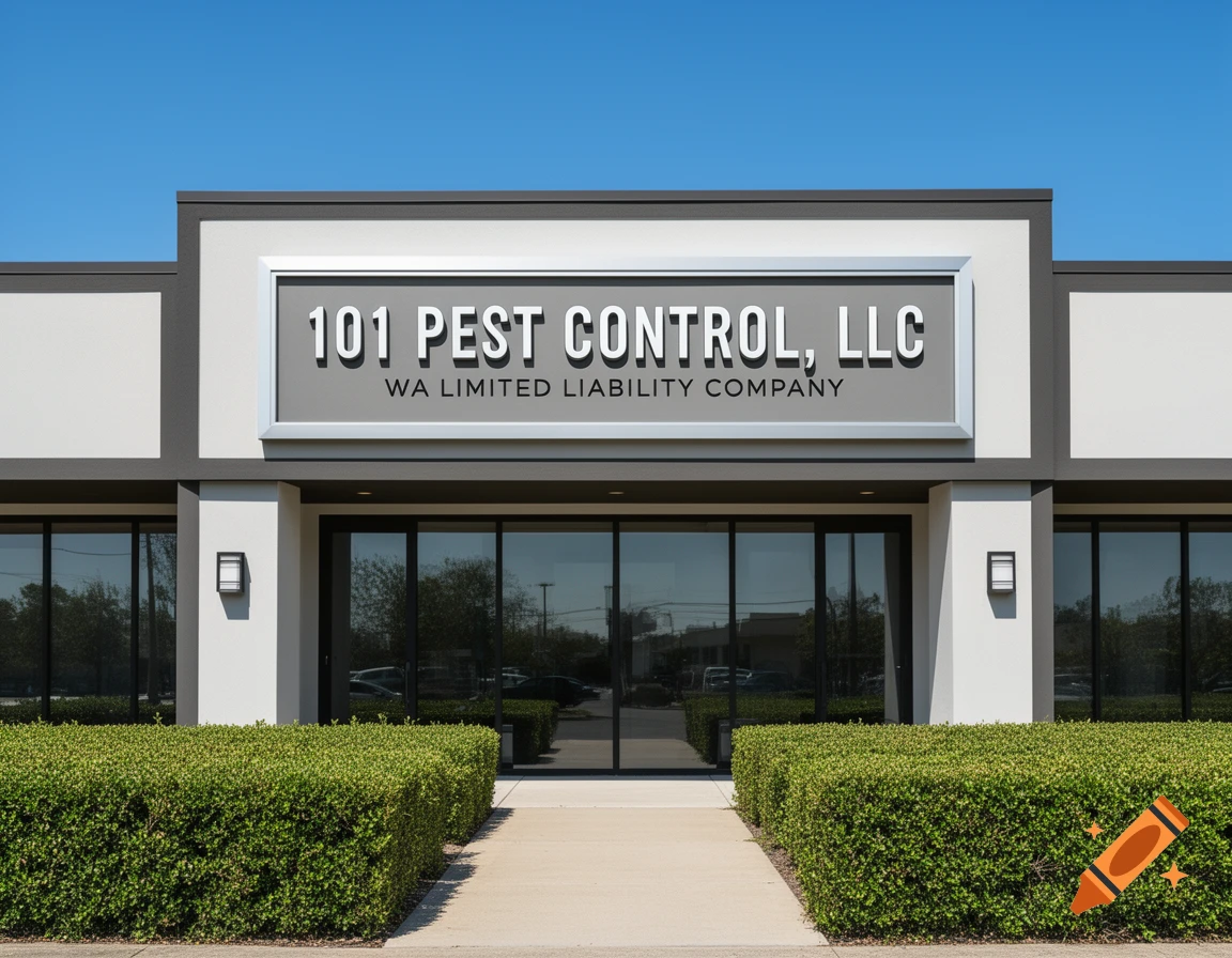 Exterior of a modern business storefront with '101 PEST CONTROL, LLC' sign, green hedges, and clear blue sky.