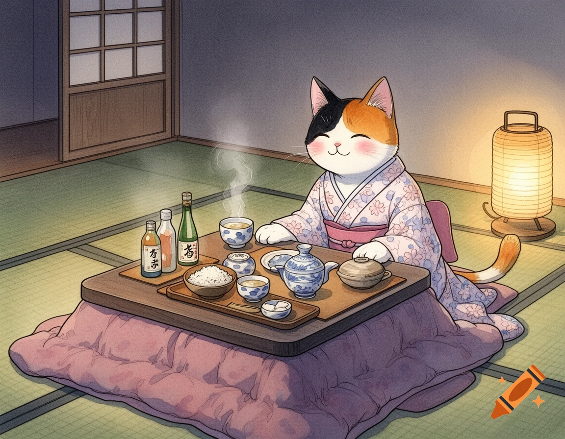 A cozy watercolor illustration of a happy calico cat in a pink floral kimono, sitting at a kotatsu table with sake and food.