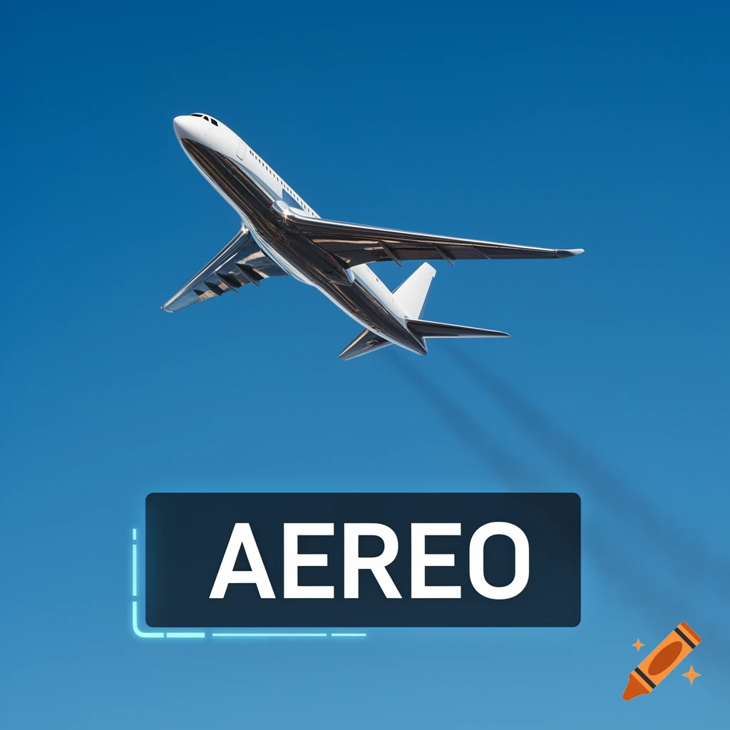 A white and metallic airplane flies upwards against a clear blue sky, with the word "AEREO" in a dark text box below it.