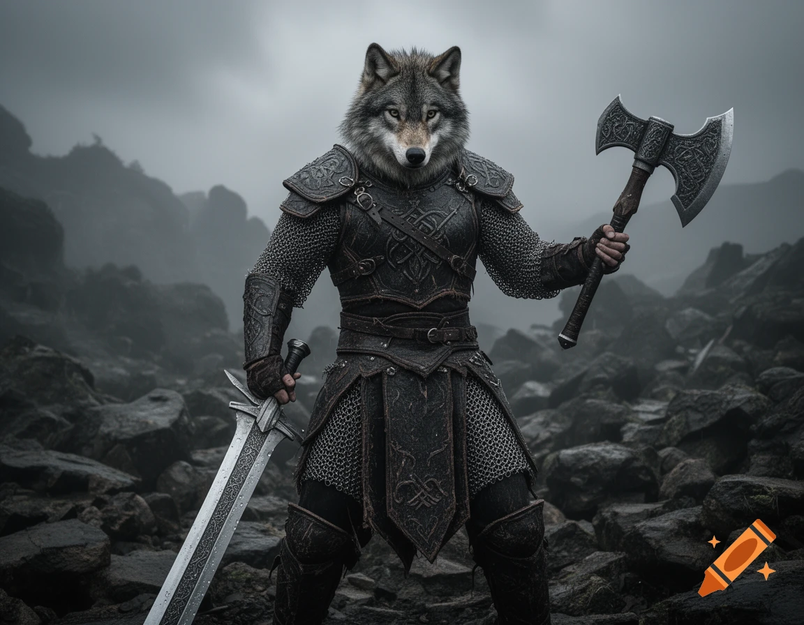 A fearsome wolf-headed warrior in dark chainmail armor holds a longsword and a battle axe in a misty, rocky landscape.