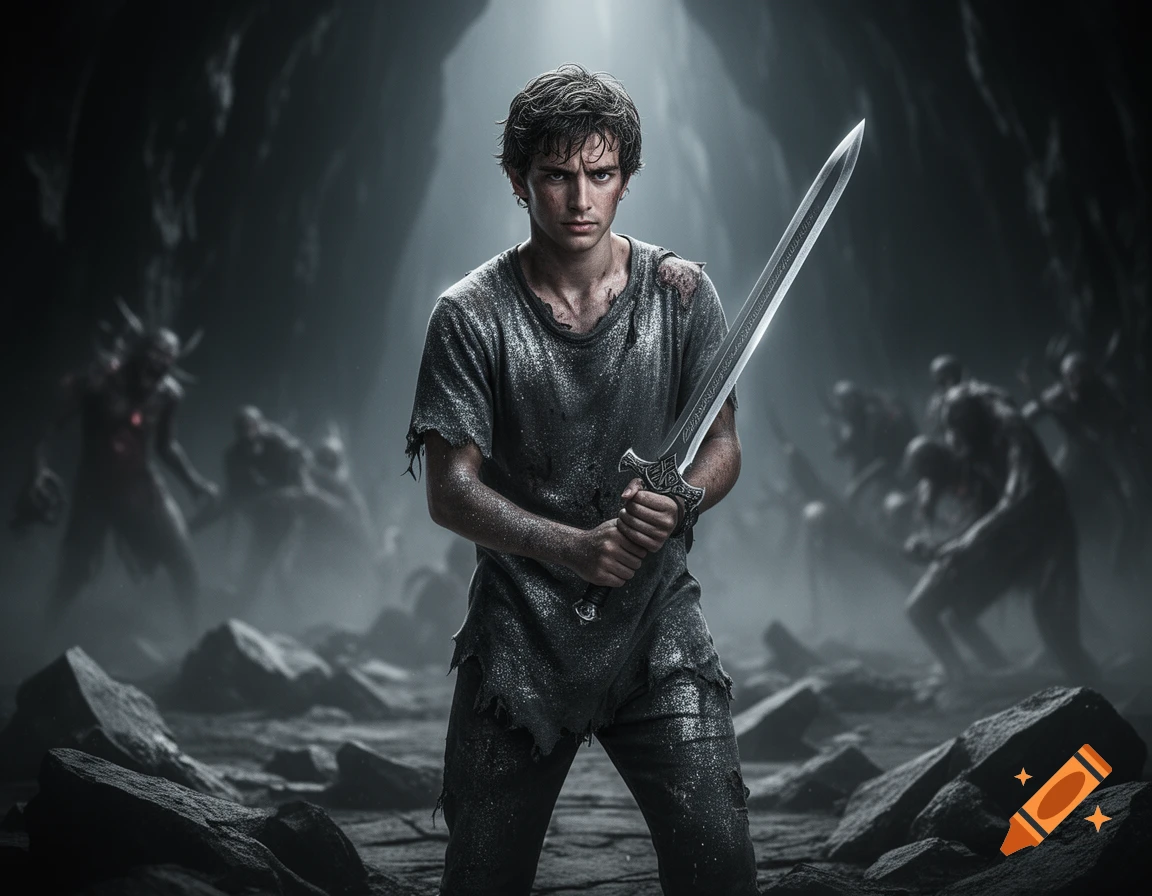 An exhausted young man, covered in dust, holds a glowing sword in a dark, cavernous environment with shadowy figures in the background.