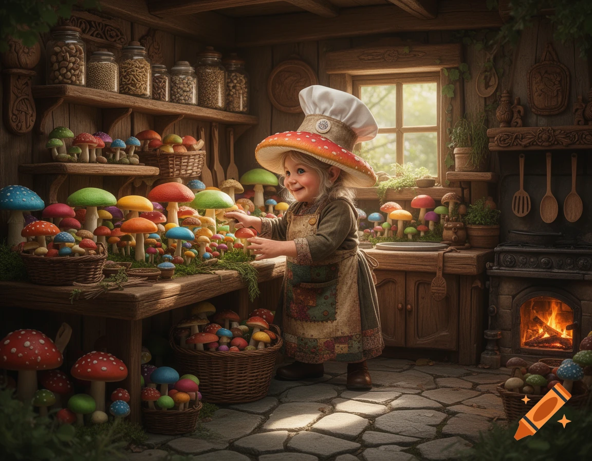 A smiling child with a mushroom chef hat tends to colorful mushrooms in a rustic, whimsical kitchen.
