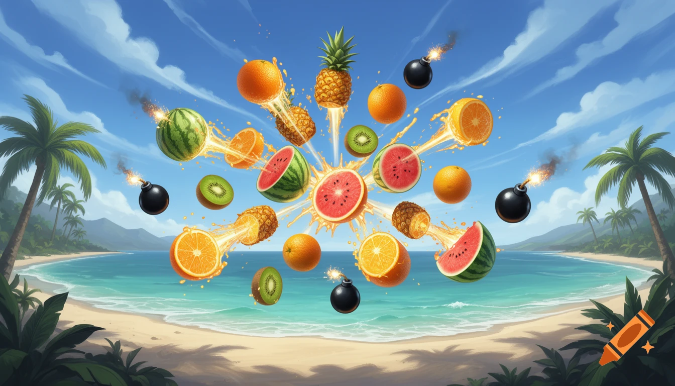 Vibrant game art showing various fruits like watermelons, oranges, pineapples, and kiwis exploding with juice, alongside bombs, over a tropical beach with palm trees and ocean.