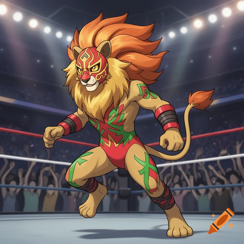 A lion-like Pokemon original character wearing a red and green lucha libre mask and costume in a wrestling ring.