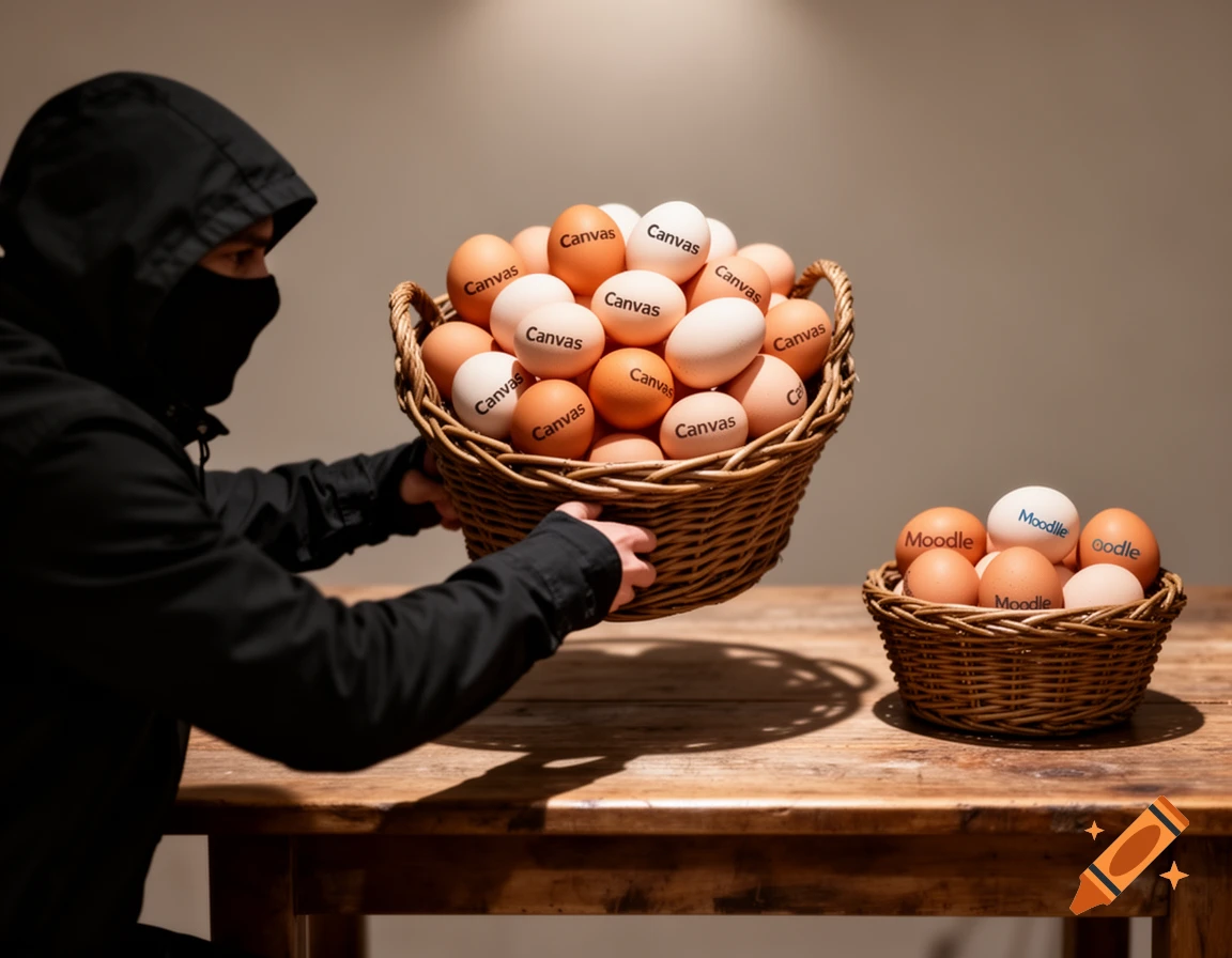 A hooded figure in a balaclava steals a large basket of eggs labeled 'Canvas' from a table with a smaller basket of 'Moodle' eggs.