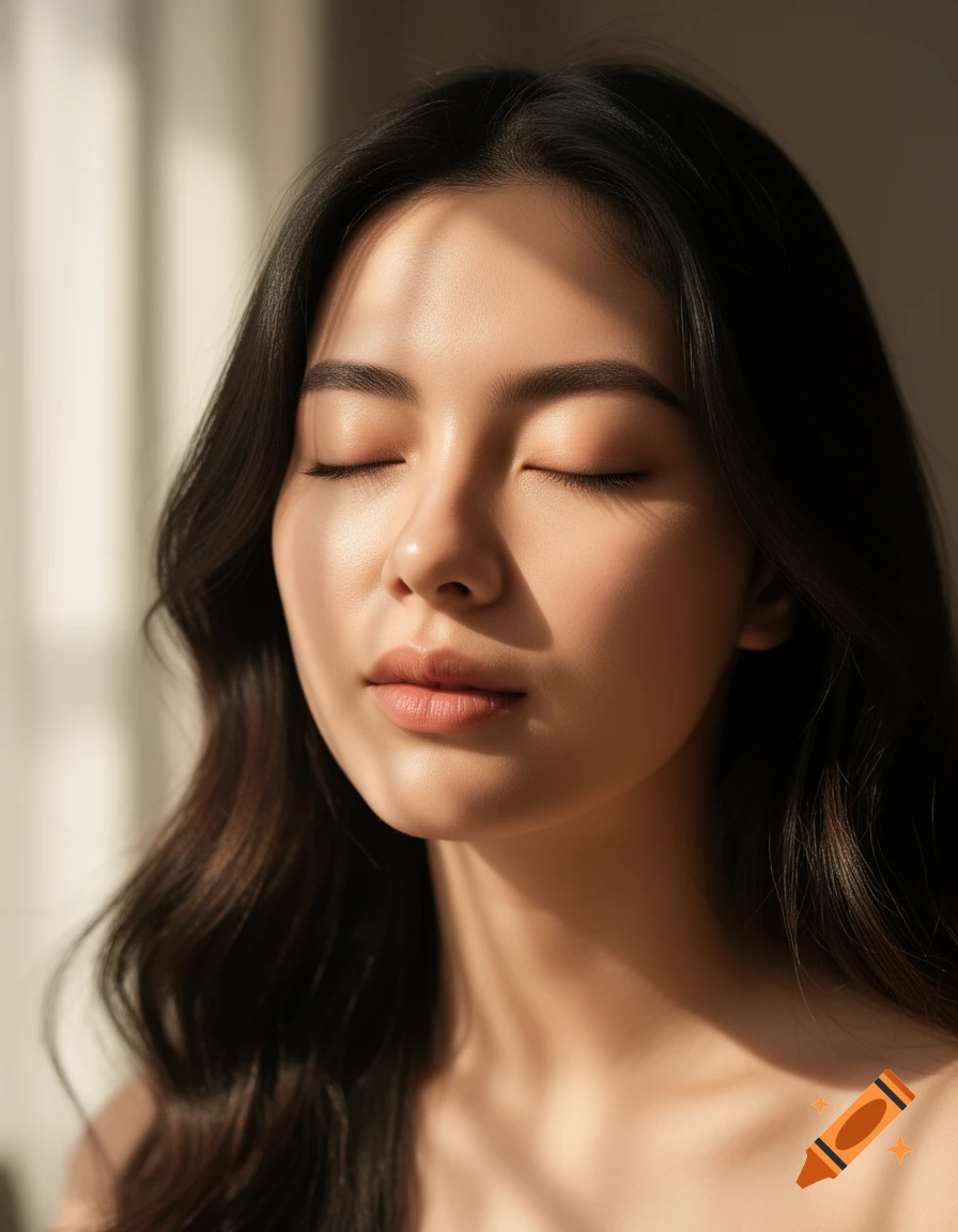 Photorealistic portrait of a young woman with closed eyes, her face softly lit by sunlight with shadow patterns.