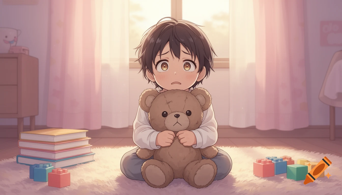 An anxious anime child with dark hair, sitting on a rug, tightly hugging a teddy bear in a sunlit bedroom with books and blocks.