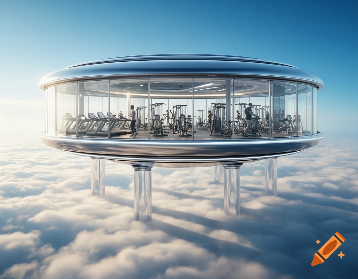 A futuristic, circular glass gym building floats high above a sea of clouds, supported by translucent pillars.