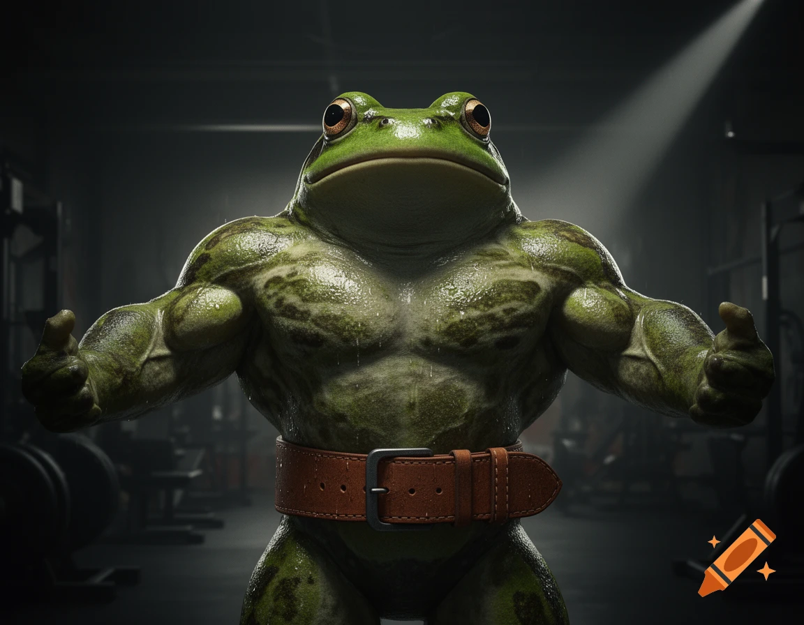 A hyper-realistic muscular anthropomorphic bullfrog bodybuilder wearing a weightlifting belt in a dark gym, giving a thumbs up.