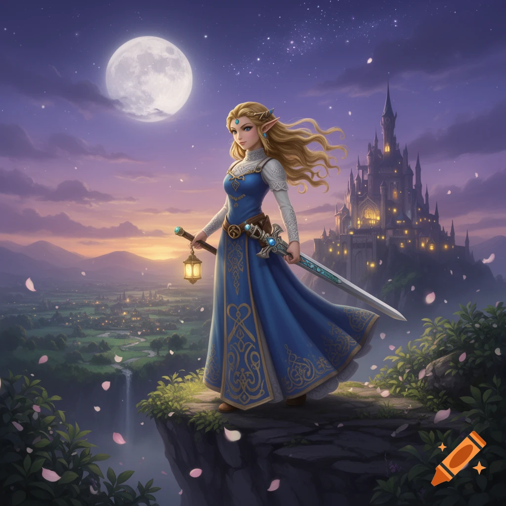 A Princess Zelda-like character with blonde hair, a sword, and a lantern stands on a cliff overlooking a kingdom and a castle under a full moon.