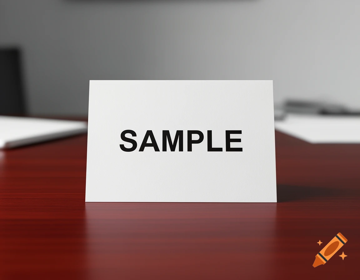 A white notecard with the word 'SAMPLE' in black text sits on a reddish-brown wooden desk with a blurred background.
