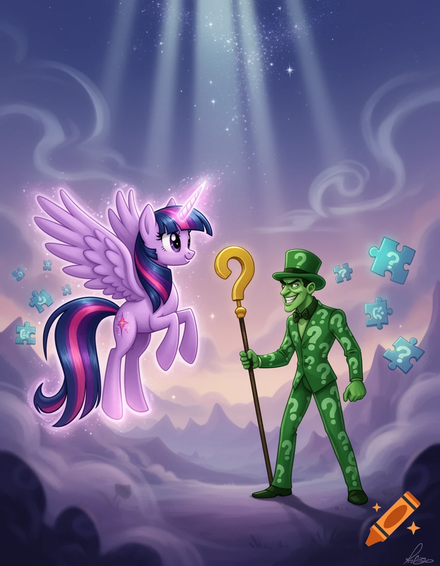 Purple alicorn Twilight Sparkle floats opposite The Riddler in a green question mark suit, holding a staff, in a mystical cartoon landscape.
