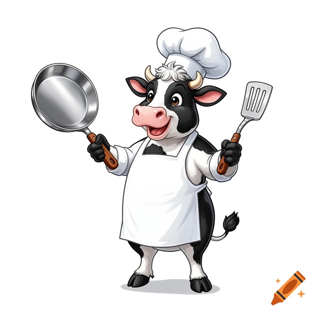Cartoon cow chef standing, holding a frying pan and a spatula on a white background.