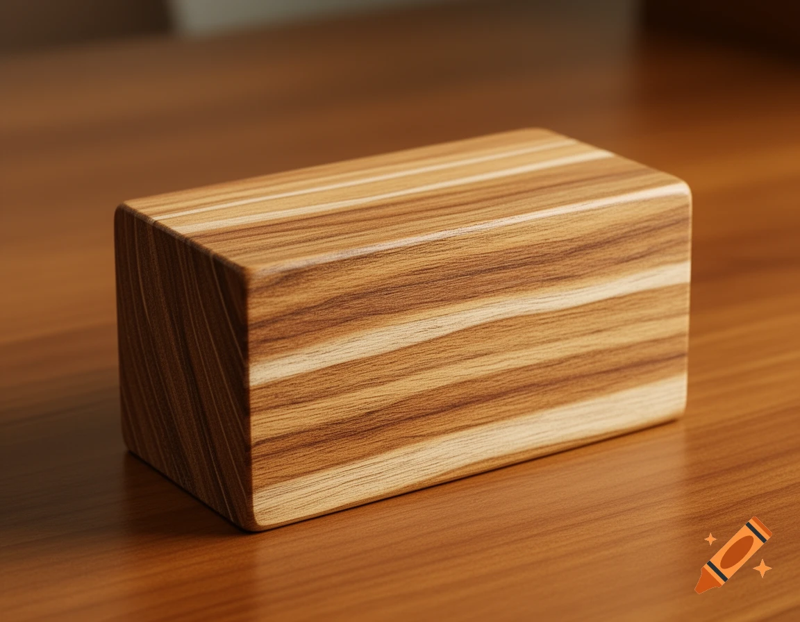 A rectangular wooden block with smoothed edges sits on a polished wooden surface.