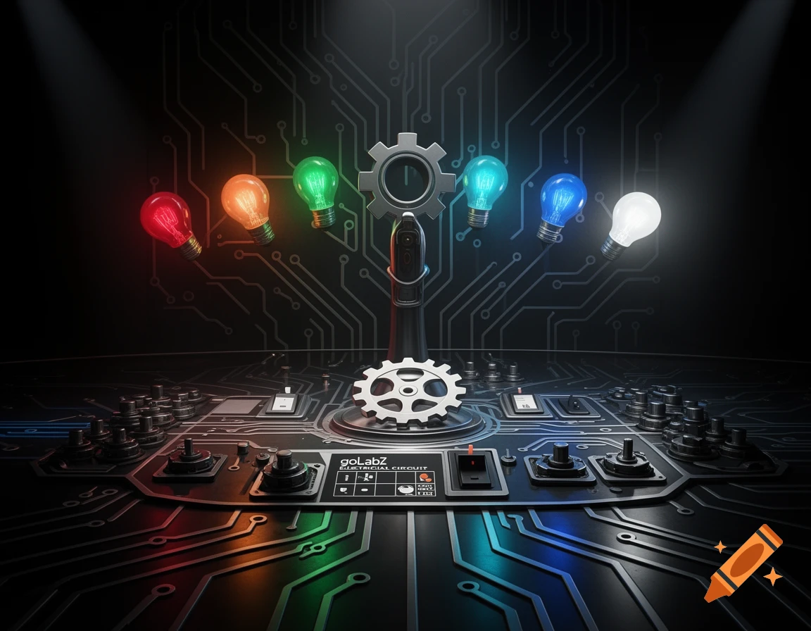 A futuristic circuit board with a control panel, gears, and six glowing colorful lightbulbs (red, orange, green, cyan, blue, white) against a dark background.