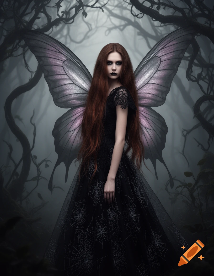 A gothic fairy with long red hair, dark makeup, and large purple and silver wings stands in a misty, tangled forest, wearing a black spiderweb-patterned dress.