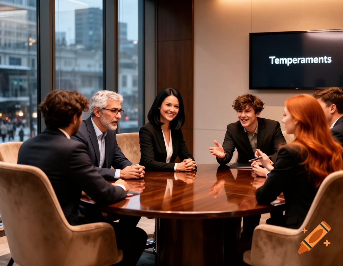 A diverse group of professionals in suits sits around a large wooden table in a modern office meeting, with 'Temperaments' on a screen.
