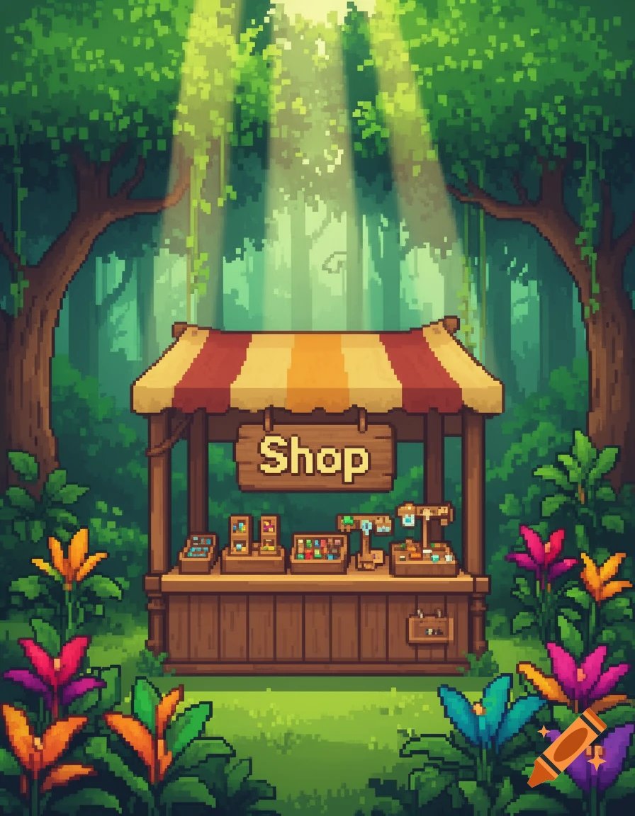 A vibrant pixel art market stall with a striped canopy and items displayed on a counter, set in a sunny jungle.