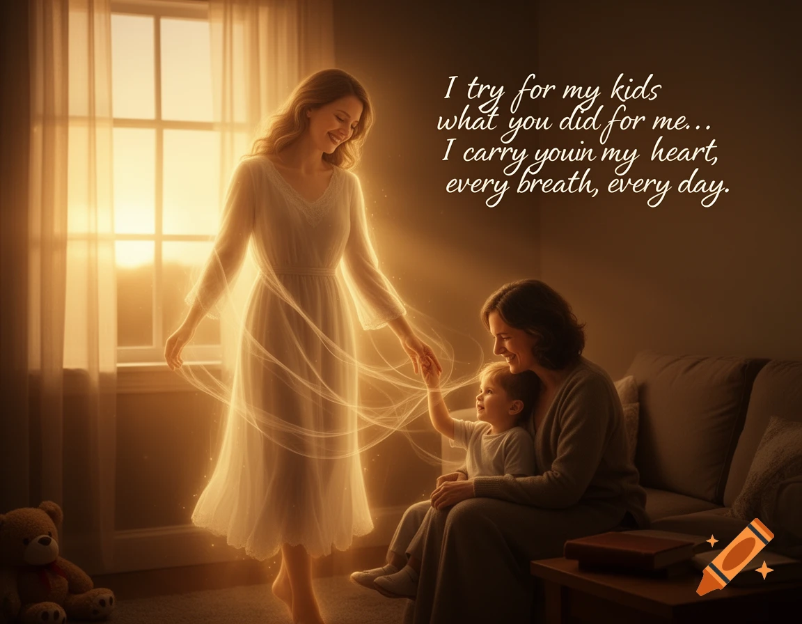 An ethereal mother hovers over a woman with a child, connected by glowing threads, in a warm, sunlit room. Sentimental text overlay.