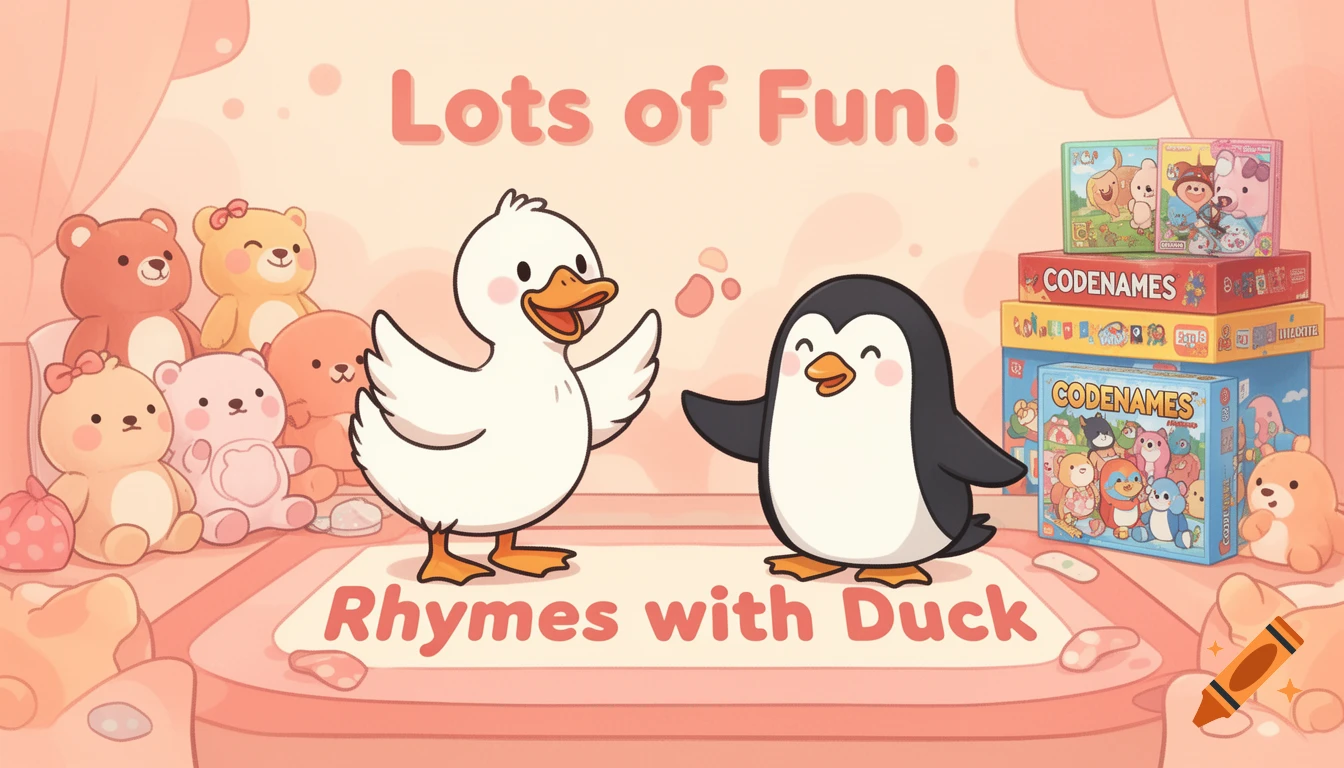 A cute cartoon duck and penguin standing in a pastel room with plush toys and 'CODENAMES' board games. The text 'Lots of Fun!' and 'Rhymes with Duck' are visible.