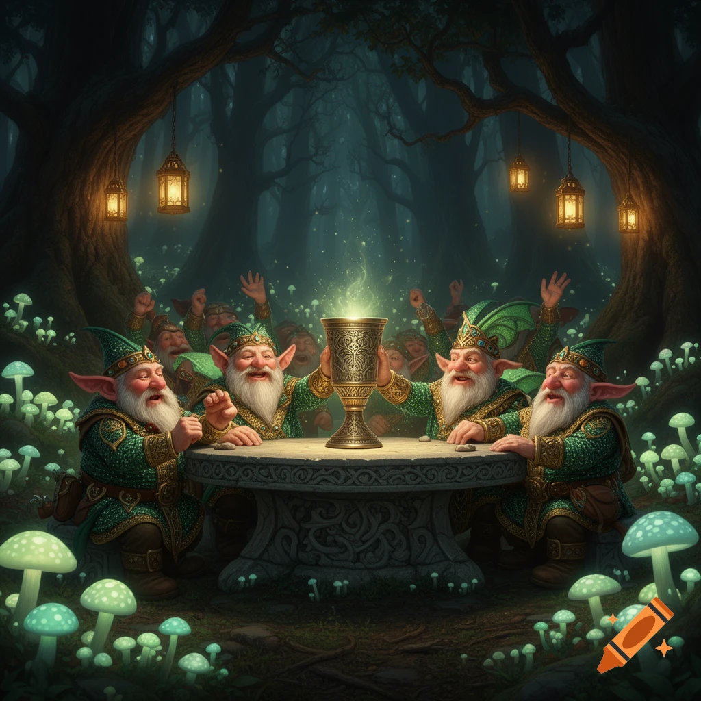 Gnomes in green attire celebrate around a glowing goblet at a stone table in an enchanted forest with luminous mushrooms and lanterns.