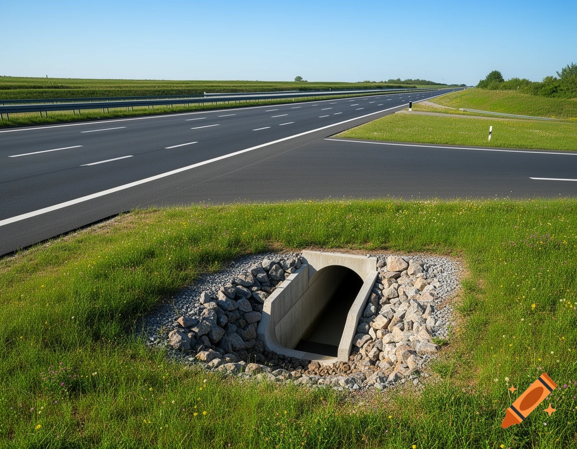 An empty multi-lane highway stretches into the distance, with a grassy median and a concrete culvert in the foreground under a clear blue sky.