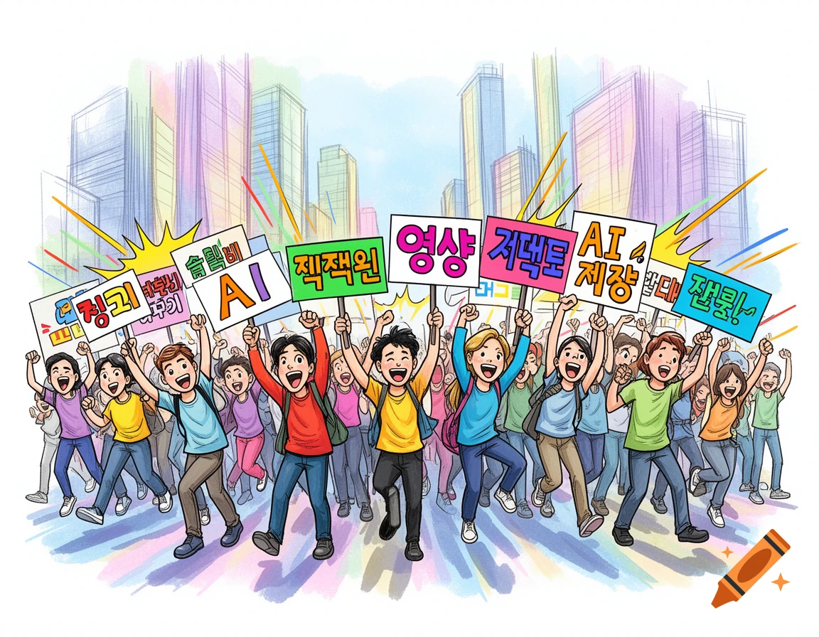 A colorful cartoon illustration of a diverse crowd of people protesting, holding up signs with Korean text related to AI video production, with a backdrop of city buildings.