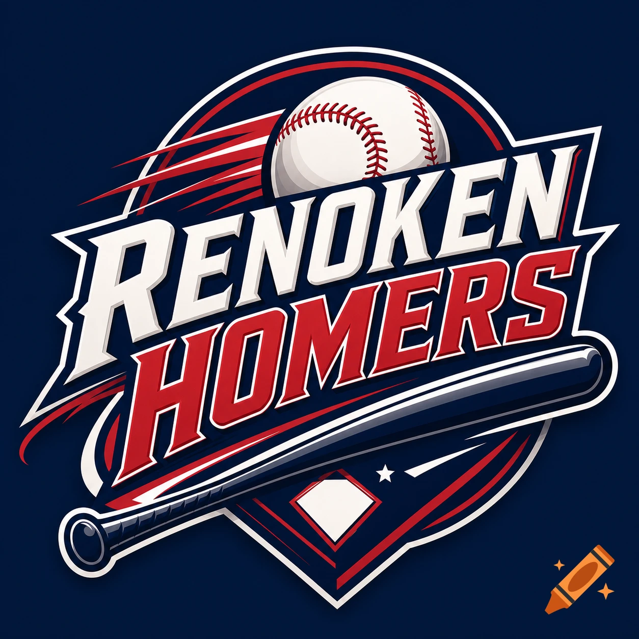 A blue, red, and white baseball team logo featuring a baseball, a bat, and the words 'Renoken Homers'.
