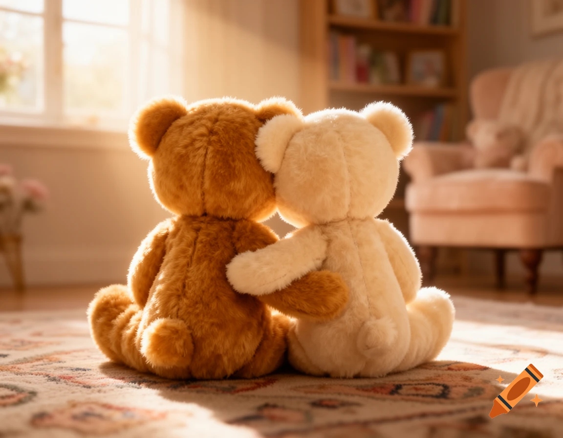 Two teddy bears, one brown and one cream, sit cuddled on a rug in a sunlit room, viewed from behind.